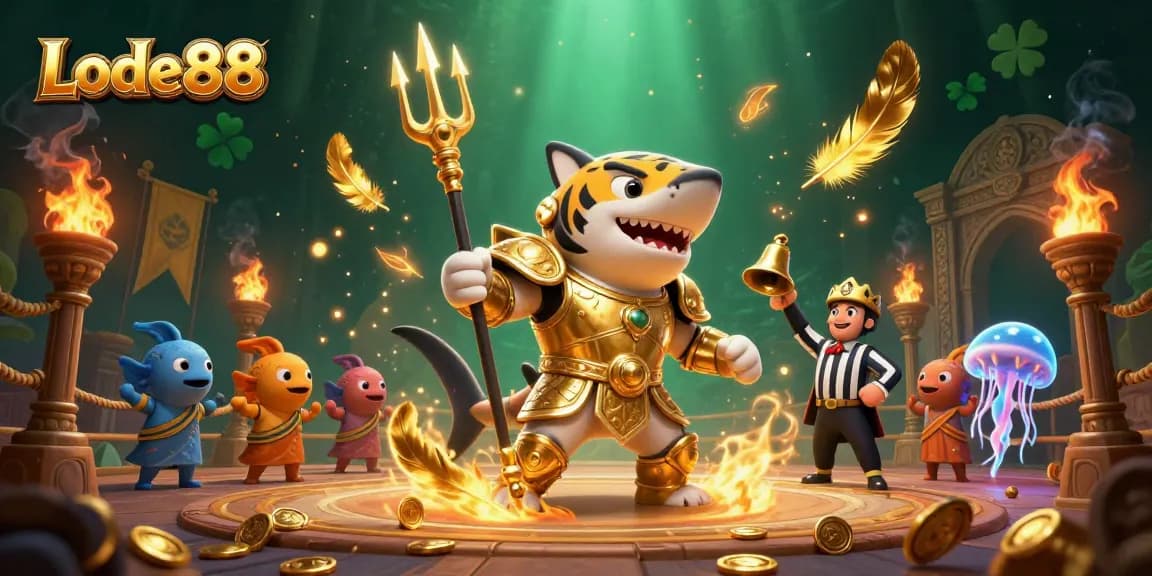 Bet on Lode88 exciting games in this vibrant underwater colosseum scene with a tiger shark and cheering fish.