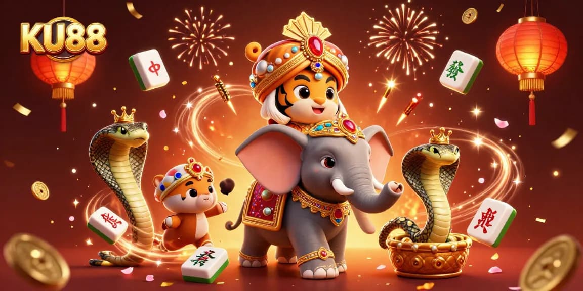 Experience the vibrant action of KU88 with a celebration of casino themes, including majestic characters and festive elements.