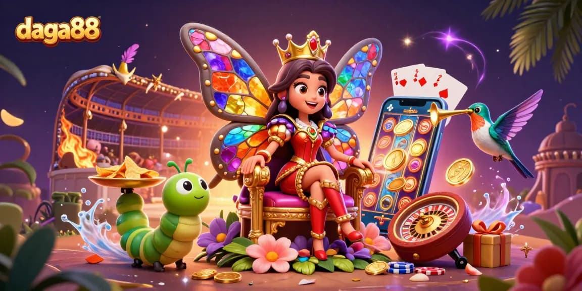 daga88 brings the thrilling atmosphere of cockfighting with a vibrant, dynamic 3D illustration showcasing colorful casino elements.