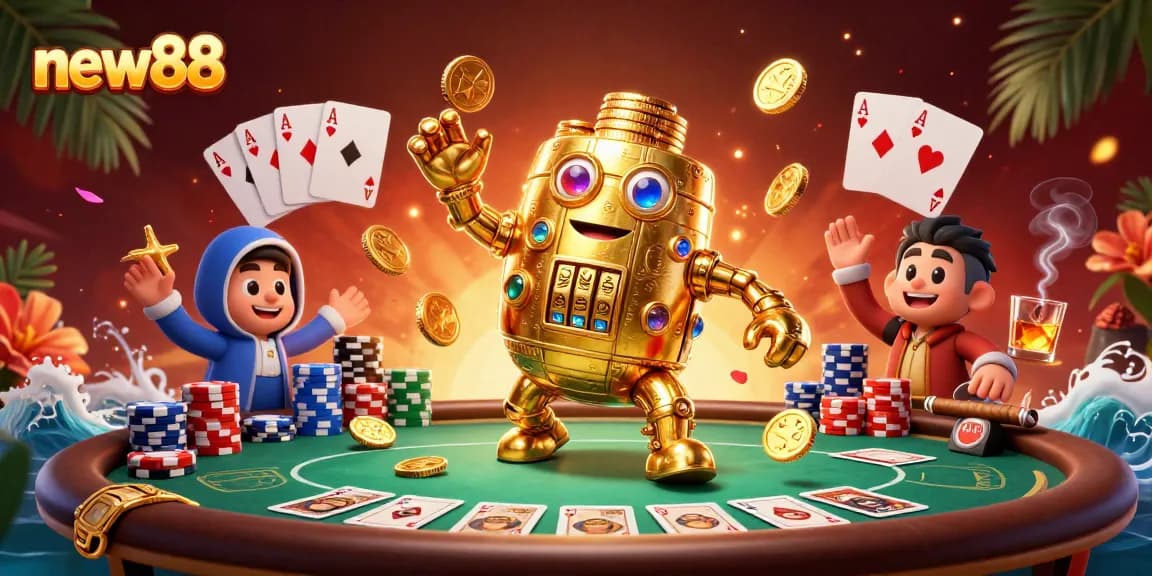 Experience thrilling gameplay at new88 with a vibrant casino scene featuring gold coins and poker elements.