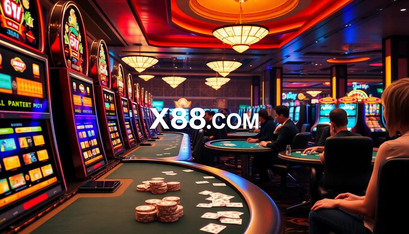 Exciting game atmosphere at X88.COM casino with vibrant slot machines and poker tables.
