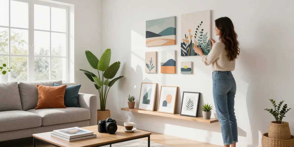 Moderne Wandbilder werden in einem stilvollen Wohnraum ausgewählt.