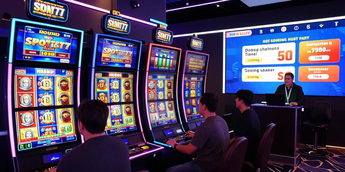 Permainan Slot777 dengan grafis mesin slot warna-warni, pemain terlibat dalam suasana kasino online yang dinamis.