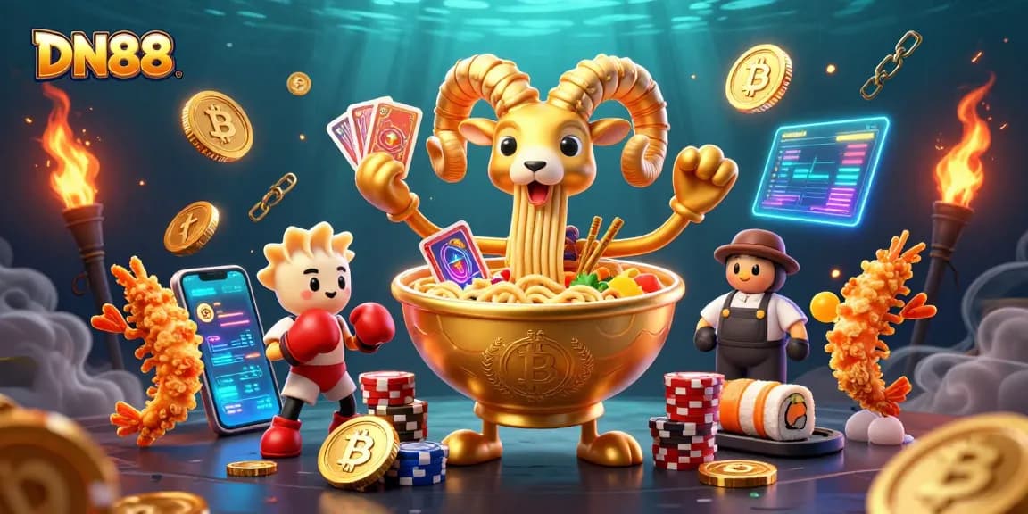Join the excitement at DN88 with dynamic characters celebrating gaming and crypto in a vibrant casino scene.