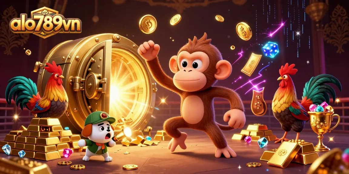 Engage in thrilling cockfighting action with alo789vn's dynamic scene of eager characters and golden treasures.