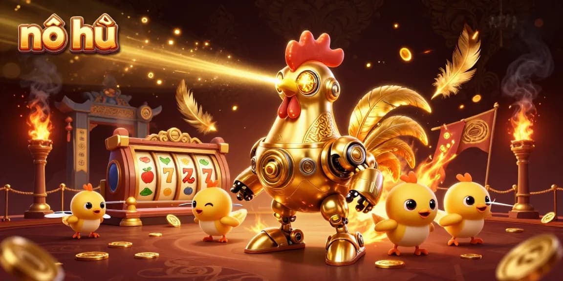 Nổ hũ brings excitement with a futuristic rooster robot and baby chick drones in a vibrant casino atmosphere.