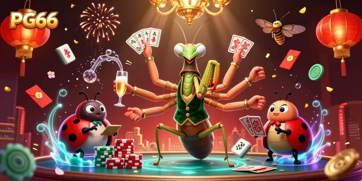 Experience PG66's vibrant online casino atmosphere with the engaging mantis dealer and ladybug pit boss.