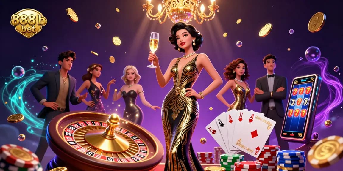 Join the excitement of 888b bet with a glamorous casino scene featuring an elegant Asian woman and dynamic gambling elements.