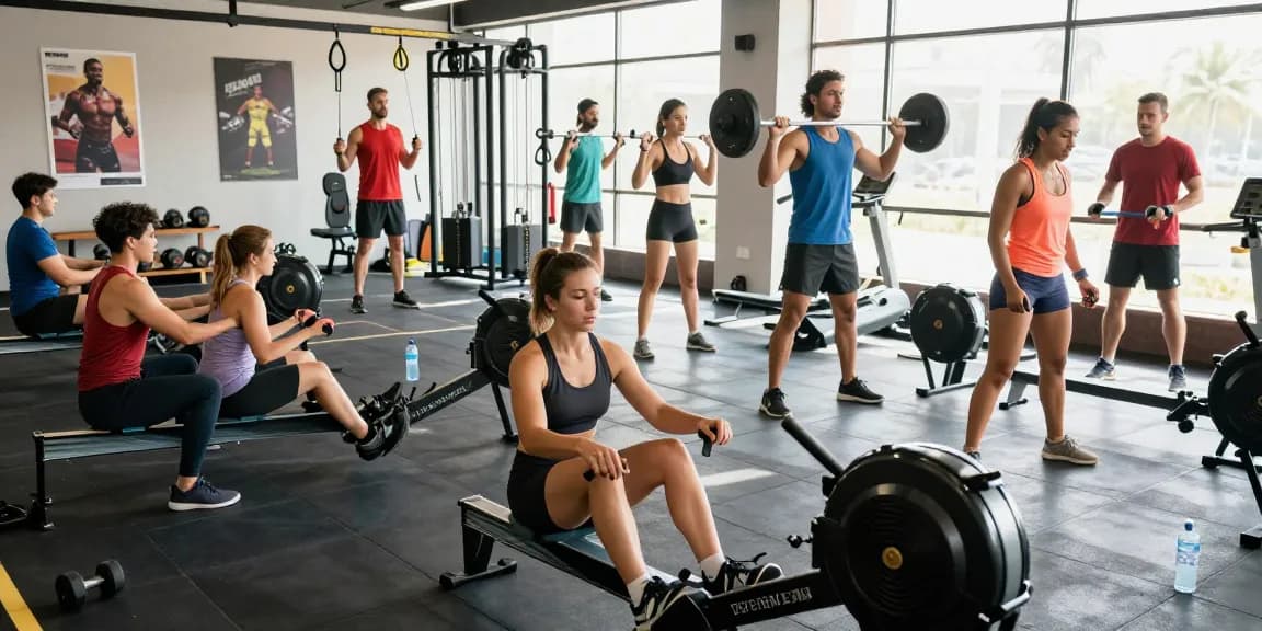 Aktive Sportler im Prime Pharma Shop Fitnessstudio, die an verschiedenen Trainingsgeräten arbeiten und Motivation ausstrahlen.