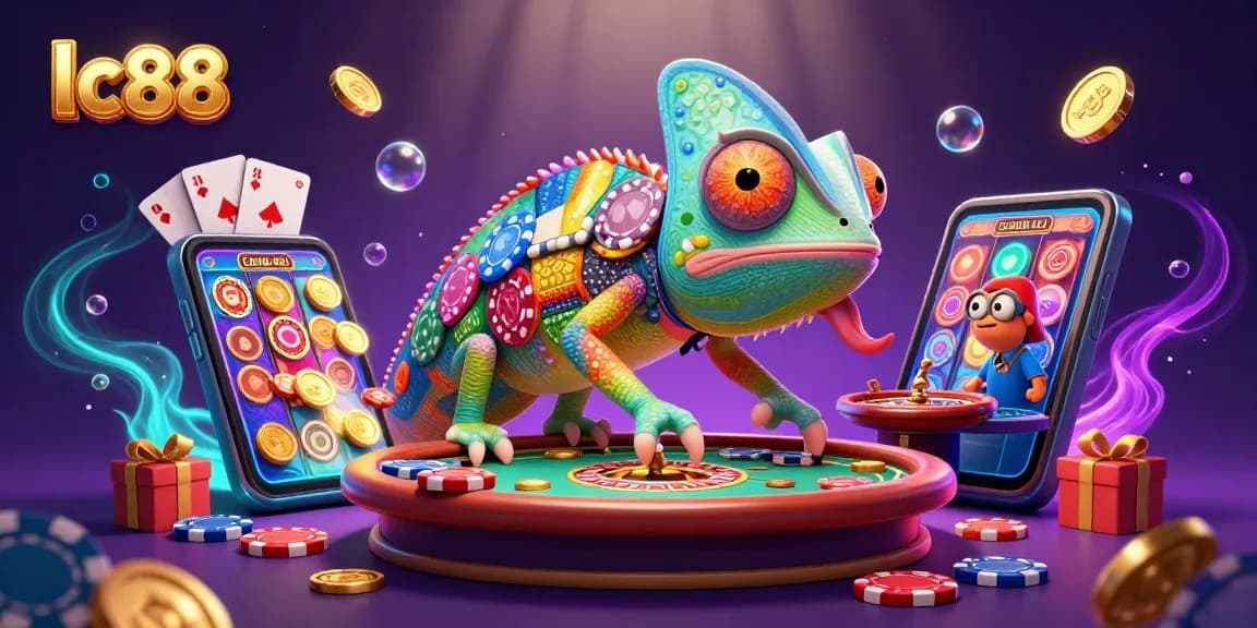 Experience thrilling gambling at lc88 with vibrant casino elements and a dynamic chameleon host.