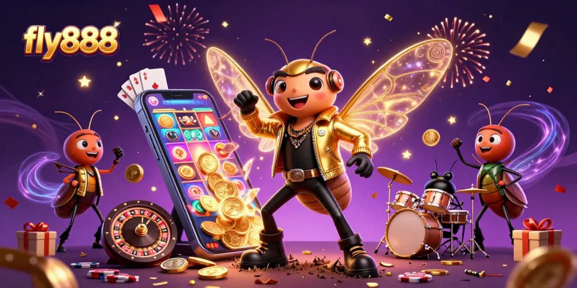 Experience the excitement of fly888 with a vibrant casino scene featuring a rock star and game elements.