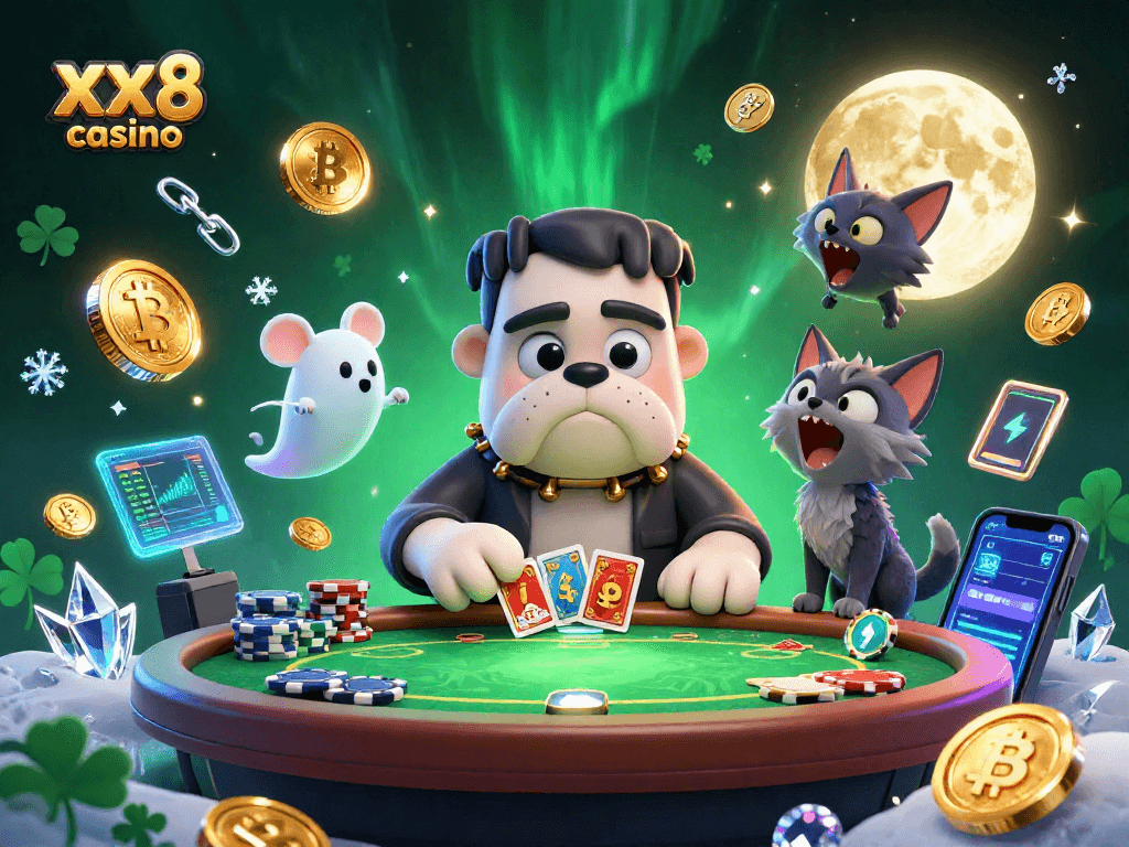 Experience the thrill at xx8 casino with a vibrant poker scene featuring unique characters and crypto elements.