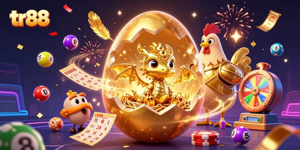 Experience the excitement of tr88 with a golden dragon amidst vibrant casino elements, celebrating thrilling wins.
