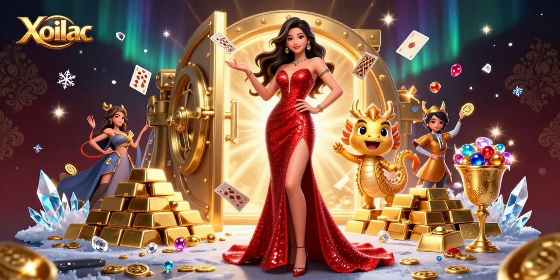 Xoilac showcases a vibrant casino scene featuring an elegant woman and a golden dragon amidst treasures and floating cards.