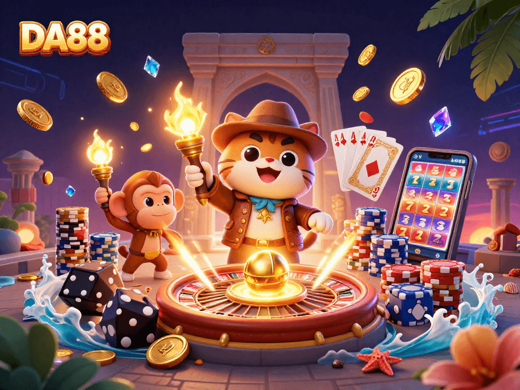 Experience exciting gaming at DA88, featuring a vibrant 3D casino adventure with colorful characters.