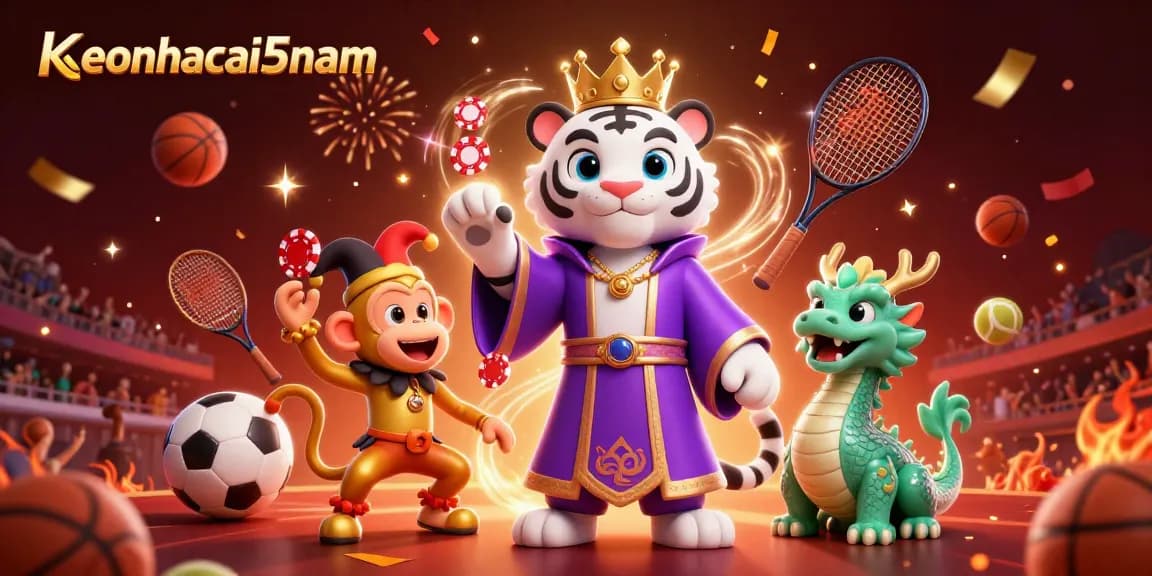 Engage in thrilling sports betting with keonhacai5nam as the majestic tiger and a jolly monkey cheer on your winning strategies.