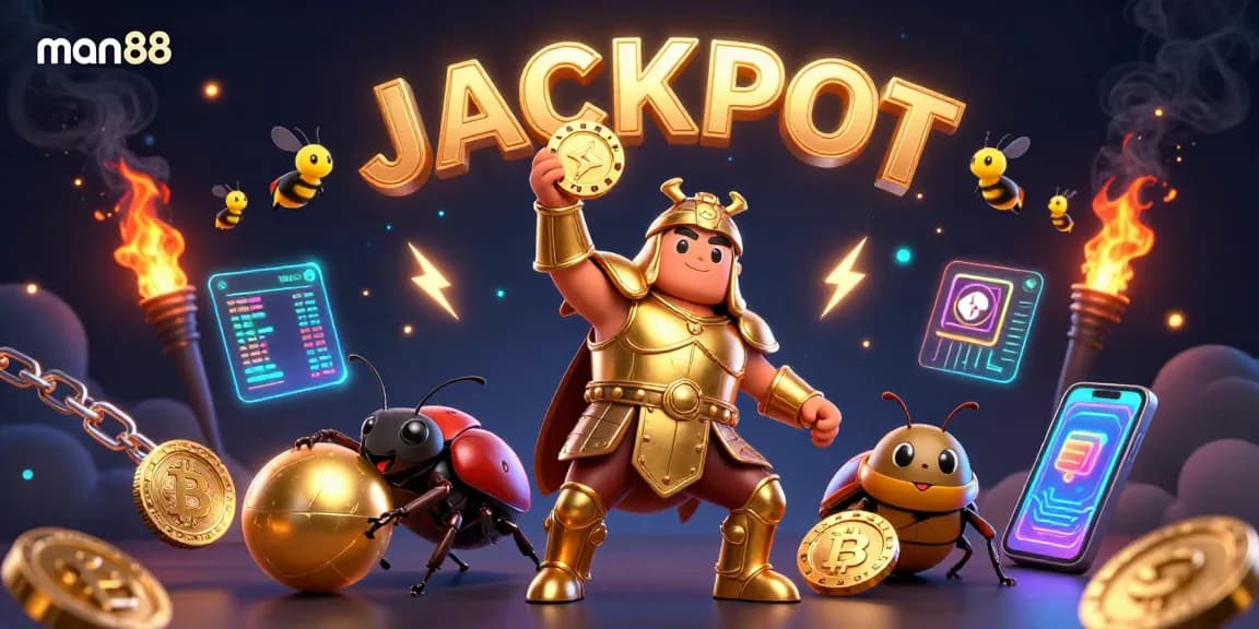 Experience man88 excitement with a victorious beetle amidst glowing Bitcoin and Ethereum coins.
