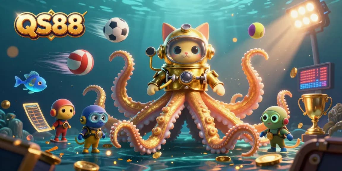 Experience thrilling wins with QS88 in a dynamic underwater casino scene featuring a kraken and diving cat.