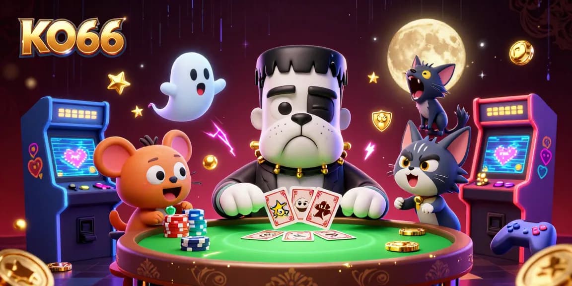 KO66 unleashes excitement as the Frankenstein bulldog monster delights players with card games at a lively table.