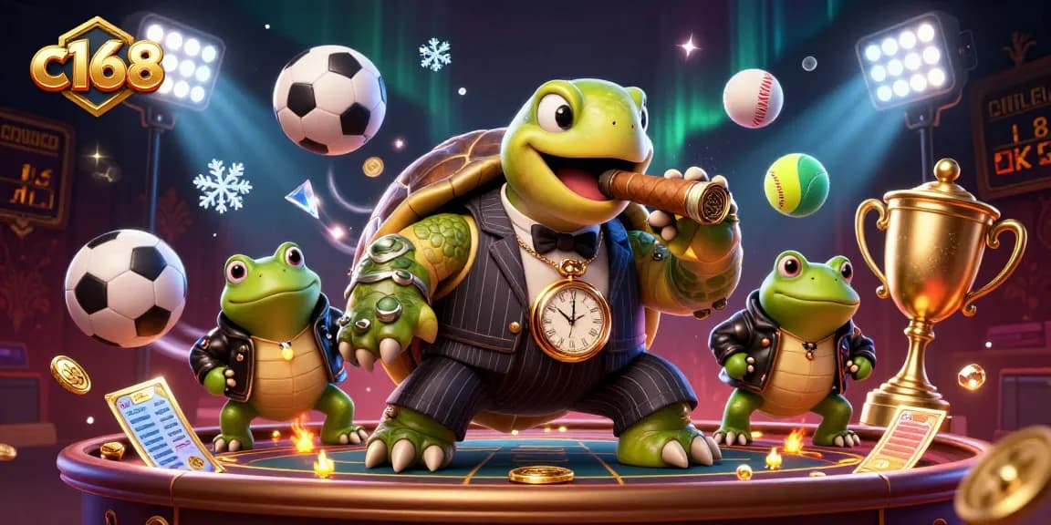 c168 offers an engaging experience with a 3D turtle mobster and vibrant casino elements.