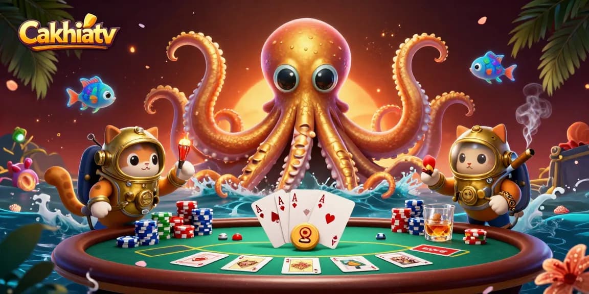 Cakhiatv players enjoy vibrant casino excitement with kraken and diving cat in a rich underwater scene.