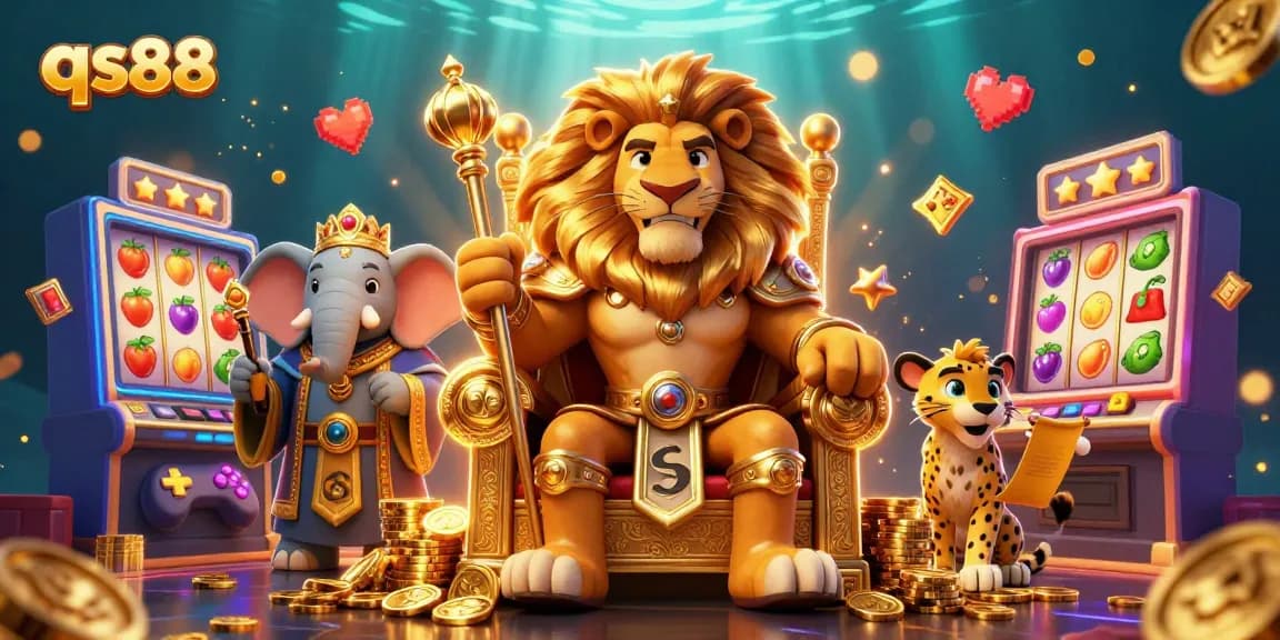 Spin the reels at qs88 with a majestic lion king among colorful slot machines