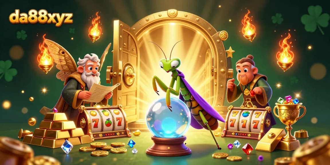 Spin thrilling slots at da88xyz with a captivating fortune teller and treasures surrounding them.