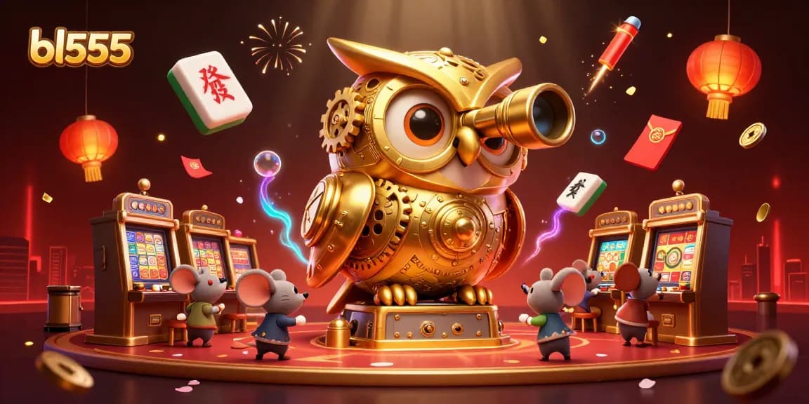Engage with bl555's exciting casino atmosphere featuring a golden owl and charming mice among vibrant gaming elements.