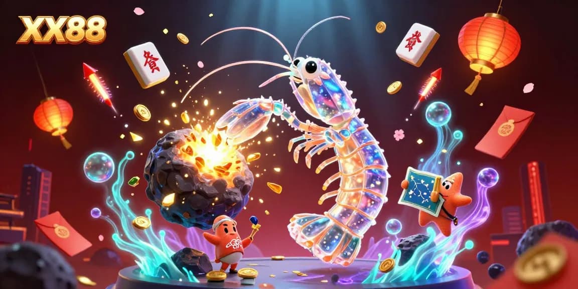 Engage with the thrilling world of XX88, featuring a galactic mantis shrimp in battle amidst golden riches and casino elements.
