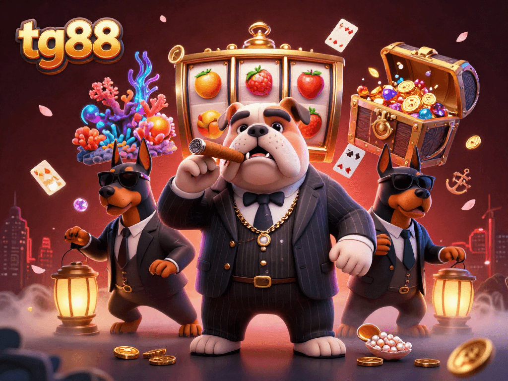 Spin to win with tg88’s vibrant casino scene featuring cartoon mafia elements and rich gambling activities.
