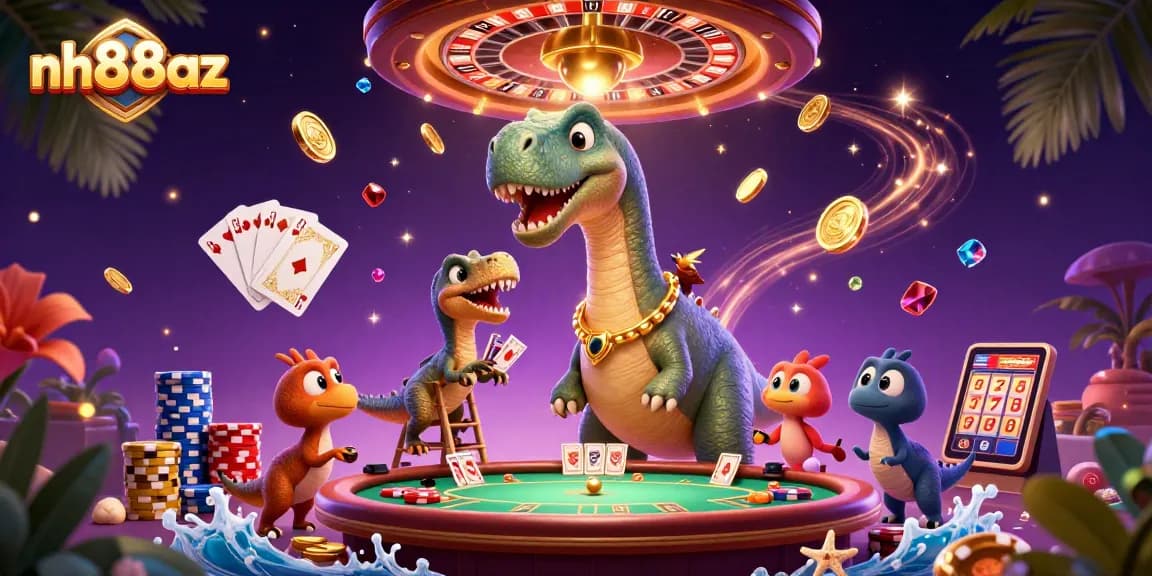 Experience the excitement at nh88az with a dynamic casino scene featuring a giant brontosaurus and clever games.