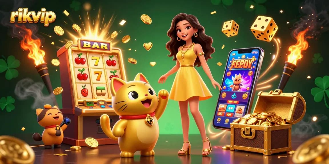 Experience excitement at rikvip with a cheerful woman and a lucky cat amid vibrant casino elements