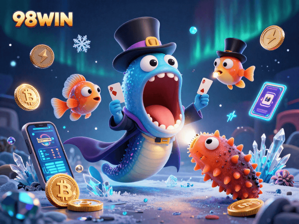 Engage in gaming adventures with 98WIN's exciting underwater casino themed illustration featuring playful sea creatures.