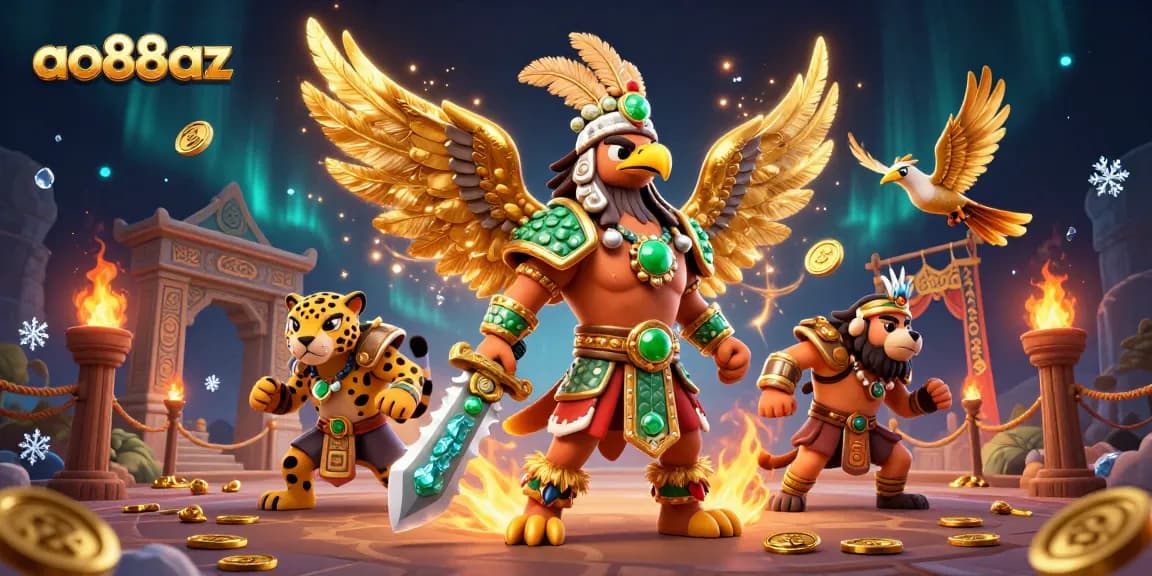 Join the excitement at ao88az as the Aztec warrior fights for glory amidst a vibrant casino scene.