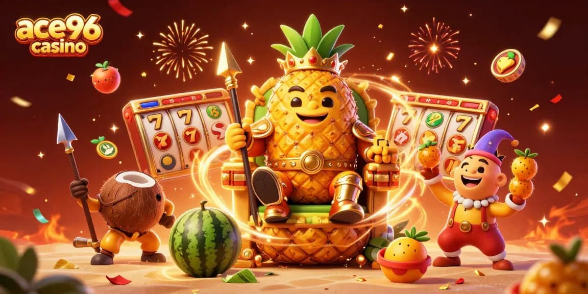 Experience the thrill of ace96 casino with a vibrant 3D scene featuring a pineapple king and festive elements.