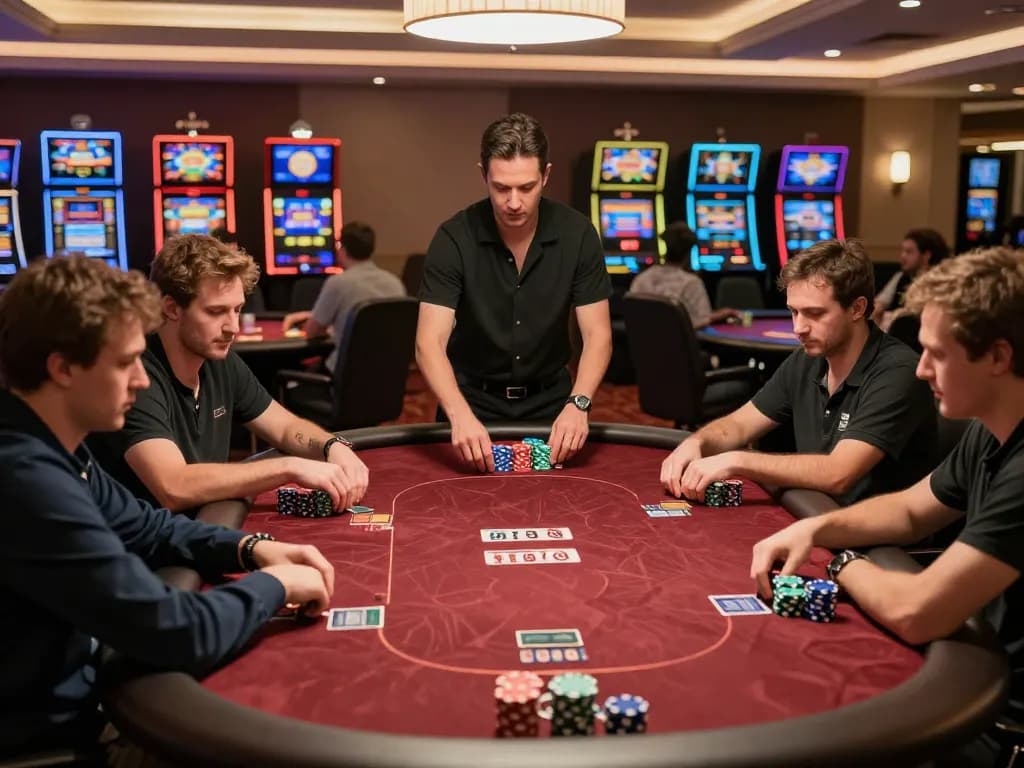 Twin68 players strategizing at a luxurious poker table in a high-stakes casino game