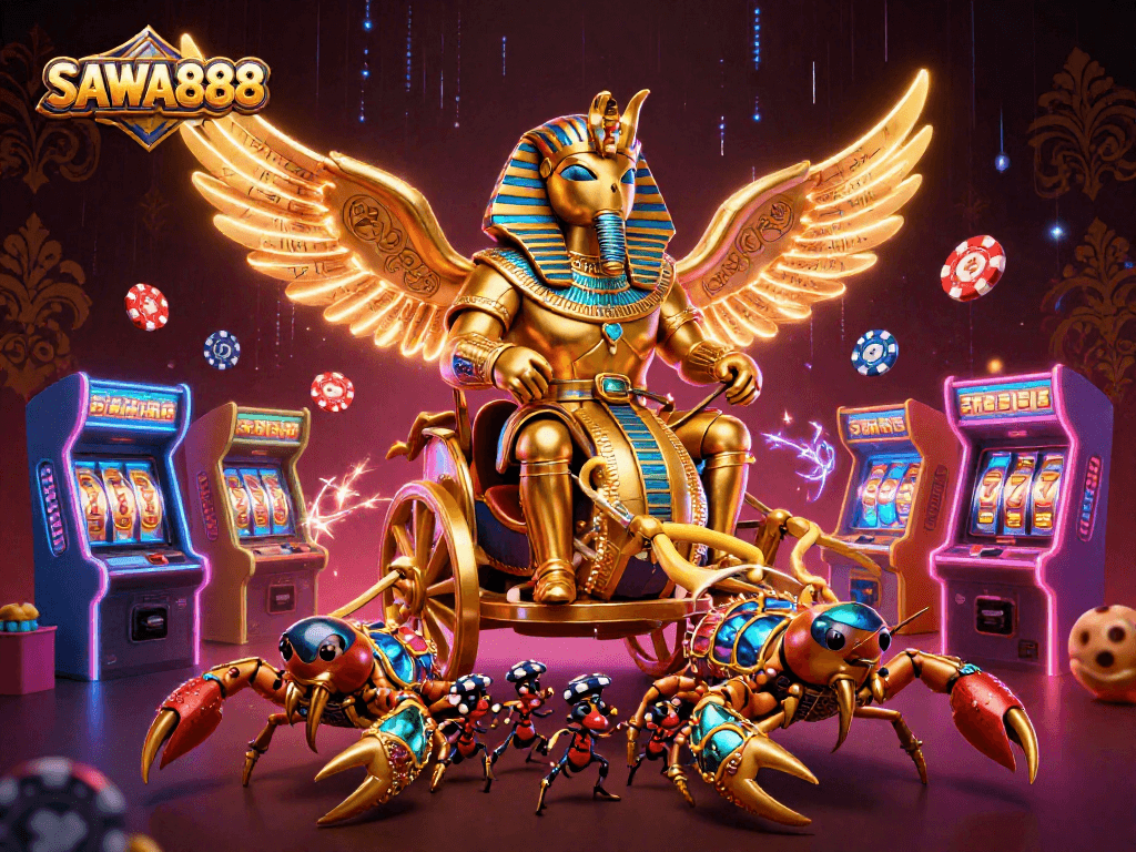 Engage with SAWA888's dynamic gaming scene featuring a golden scarab beetle and colorful slot machines.