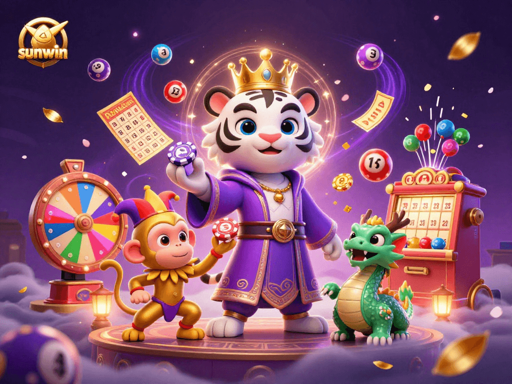 Experience the vibrant world of sunwin casino with a lively scene featuring a royal tiger, jester monkey, and jade dragon.