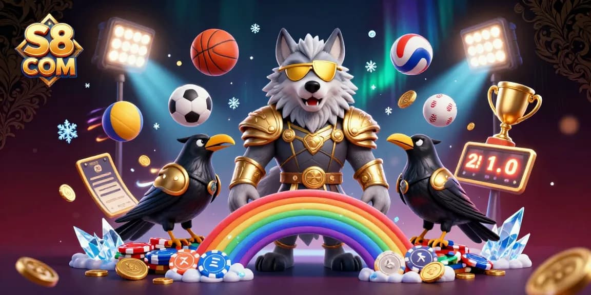 S8 COM showcases a vibrant 3D illustration of Odin with ravens and casino elements, celebrating gambling fun.
