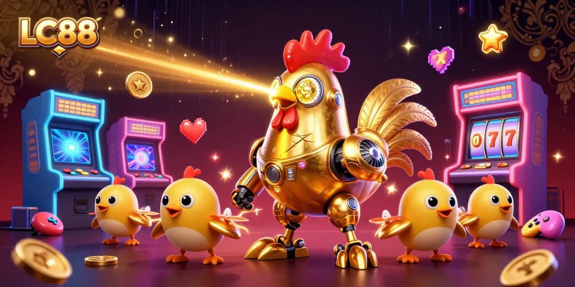 Experience winning with LC88: A vibrant 3D illustration of a casino scene with golden rooster robot and arcade elements.