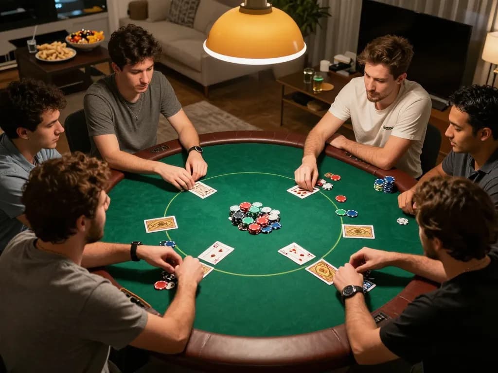 Friends enjoy an exciting home poker game with SC88's strategic gameplay atmosphere and cozy setting.