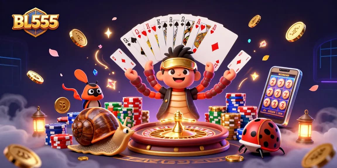 Engage with thrilling gameplay at BL555 with a vibrant 3D illustration of a casino atmosphere.
