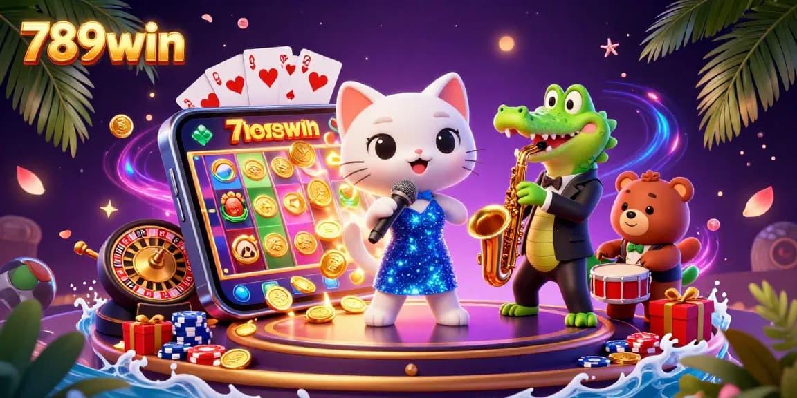Experience the excitement at 789win with vibrant casino characters amidst a colorful gaming backdrop.