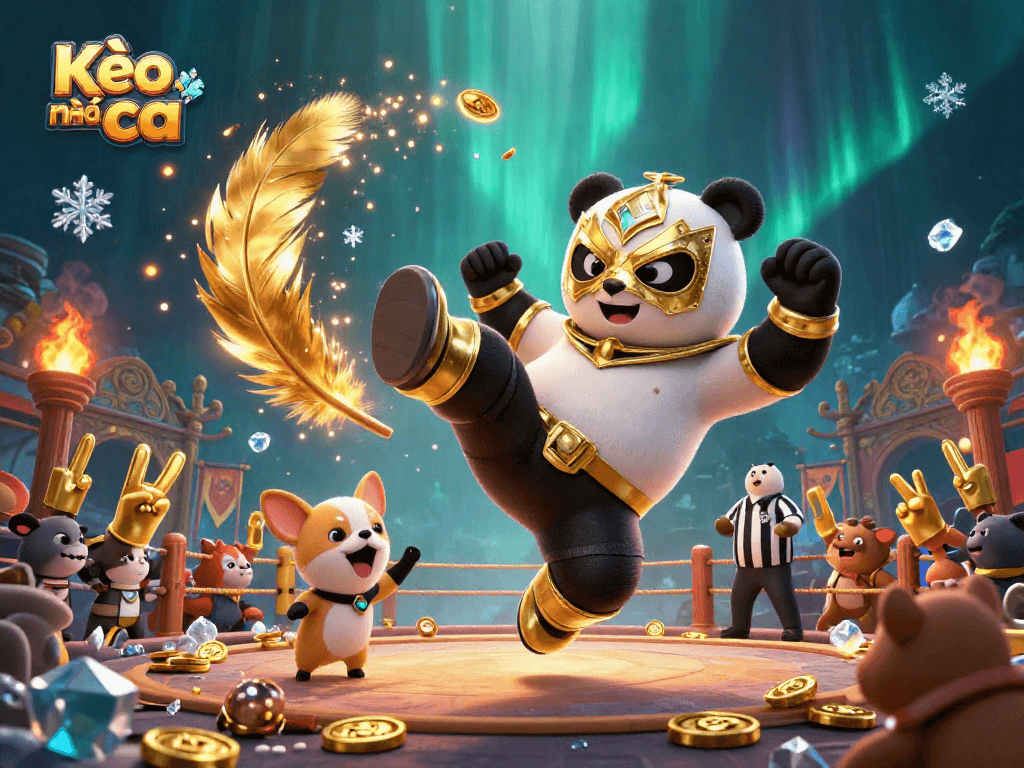 Kèo nhà cái showcases an animated panda wrestler in a dynamic gambling scene with cheering animal fans.