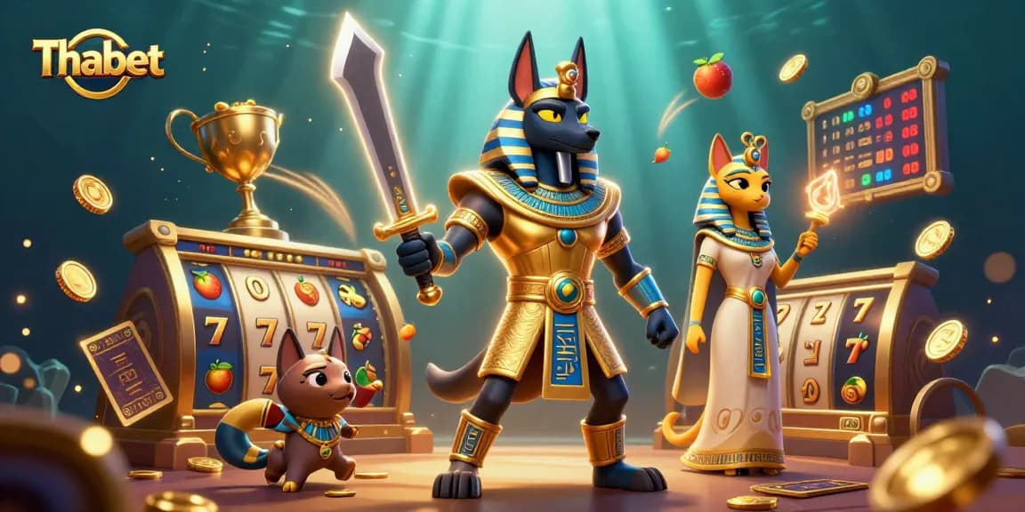 Experience Thabet's vibrant Egyptian-themed slots with colorful 3D characters and dynamic casino elements.