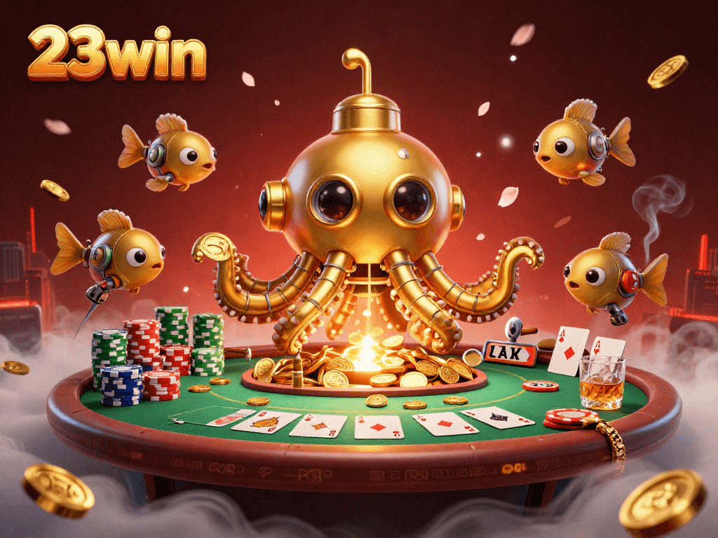 Experience thrilling gameplay with 23win, featuring a dynamic 3D scene of golden kraken and poker elements.