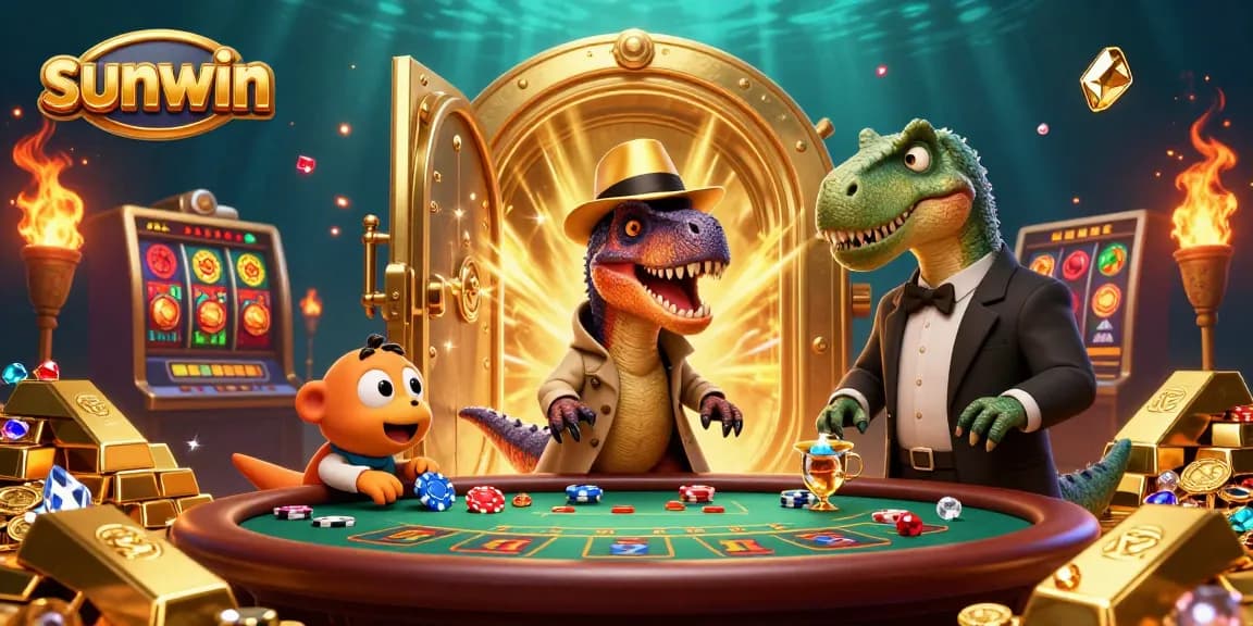 Experience sunwin's thrilling blackjack scene with animated dinosaurs amid gold and jewels.