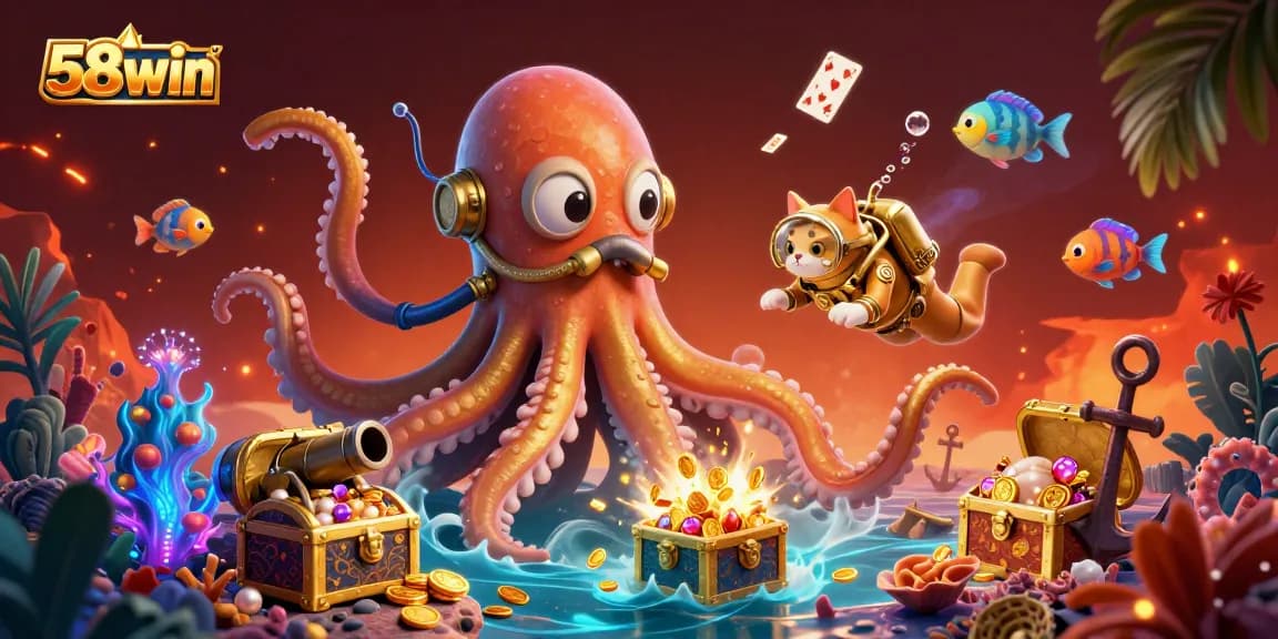 Bet on exciting games at 58win with ultra-detailed casino-themed illustration featuring a kraken and treasure.