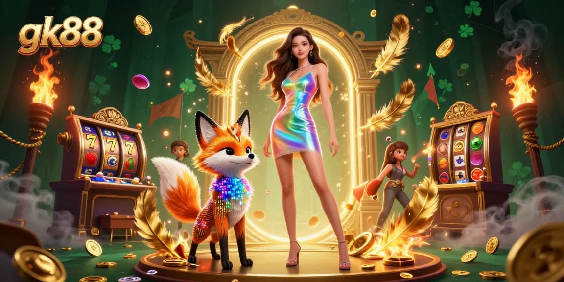 Engage with the vibrant gk88 casino atmosphere filled with dazzling characters, slot machines, and gold tokens.