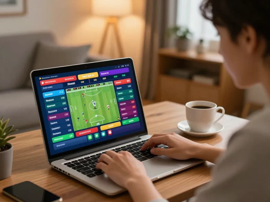 Watching kèo nhà cái trực tiếp for live sports betting on a laptop, with a cozy home background.